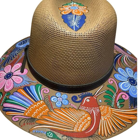 BOHO Hand Painted Artesian Mexican Straw Fedora Hat Floral Birds Artsy SZ Large - Picture 4 of 16